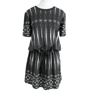 TORY BURCH GREY WHITE BOLOGAN GEO PATTERN PIMA COTTON DRAWSTRING UTILITY DRESS